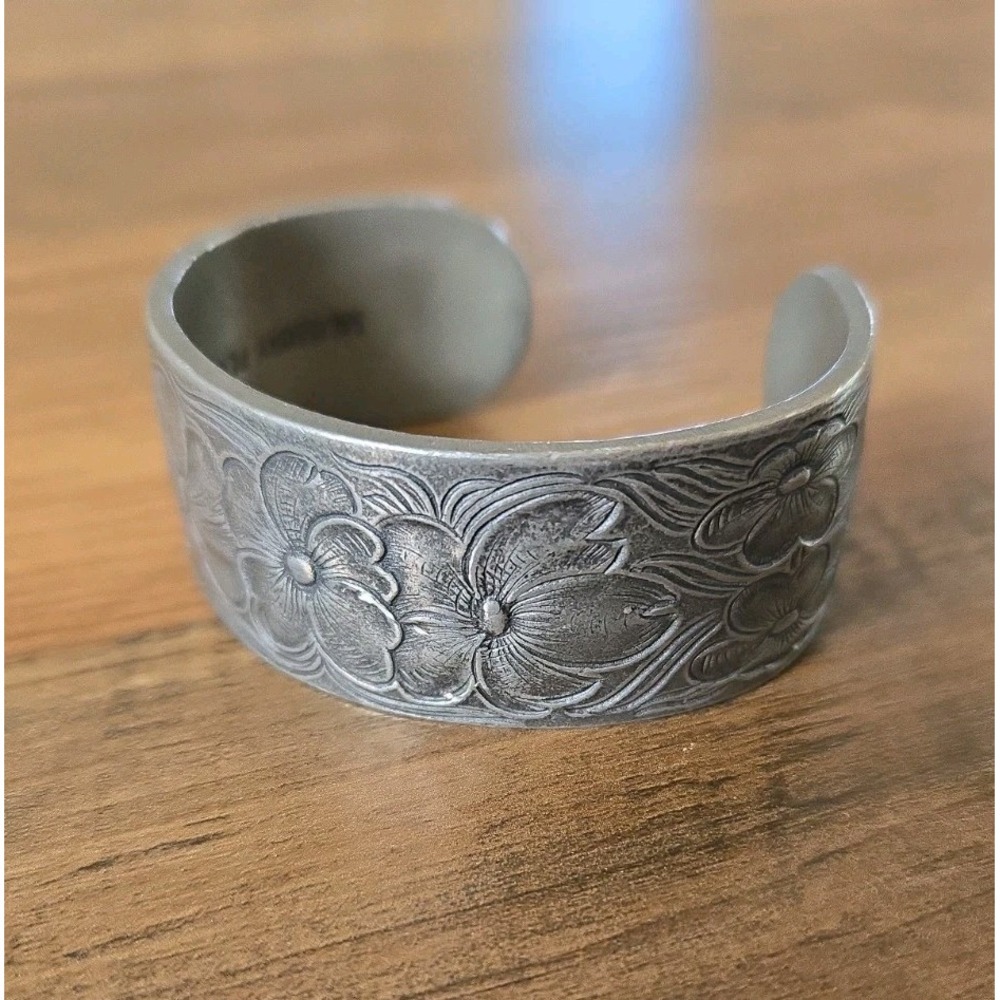 Vintage Salisbury Pewter Cuff Bracelet Larkspur July Flower of the Month 7"